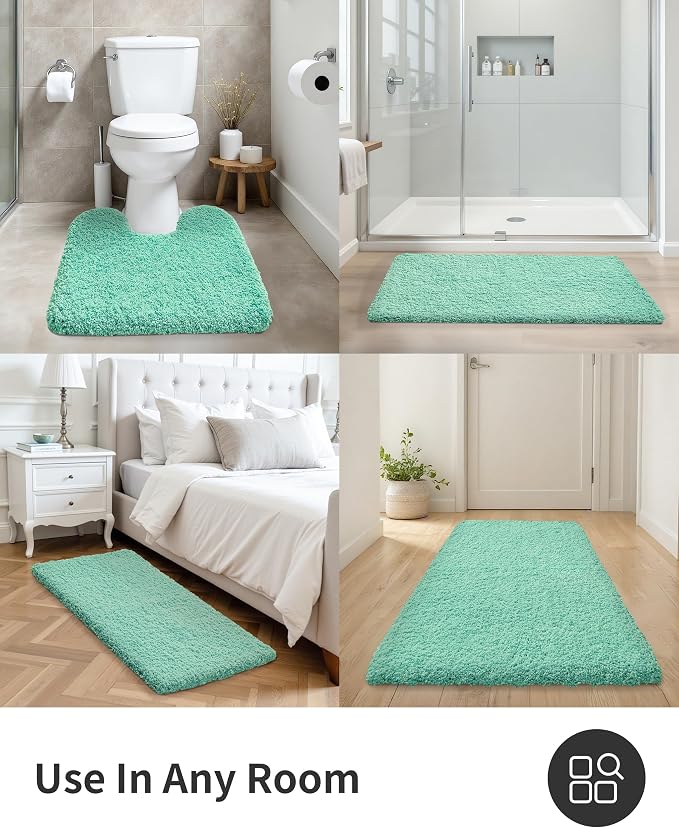 ILANGO Spa Blue Bathroom Rugs 48" × 24" Non Slip & Super Absorbent Extra Thick Soft, Washable Bath Mat for Floor, Microfiber Plush Shaggy Bath Rug with Rubber for Bathtub Shower Room Sink