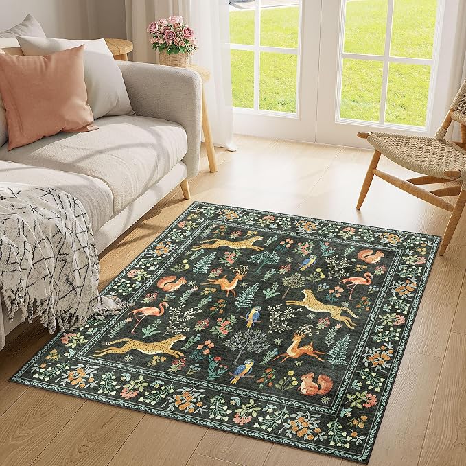 DUKINO 4x4 Square Area Rug for Entryway, Lightweight Animal Print Washable Rug with Non Slip, Non Shedding & Low Pile Soft Indoor Carpet for Kitchen, Bedroom, Home Office, Kids Playroom, Black