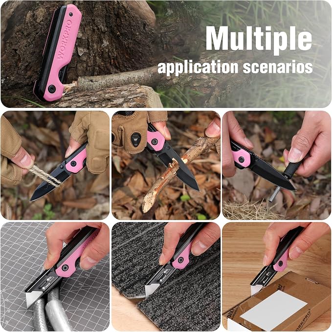 WORKPRO 2-in-1 Folding Knife/Utility Knife, Quick-Change Box Cutter with Belt Clip, Liner Lock, and G10 Handle, Extra 10 SK5 Blades Included - Pink Ribbon