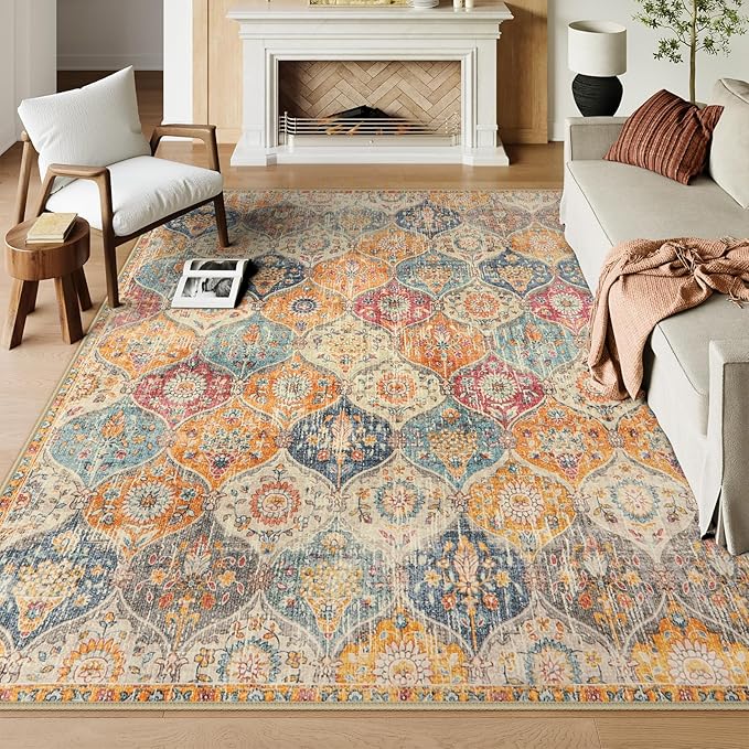 Lahome Moroccan Washable Area Rugs 9x12 Living Room, Soft 9x12 Area Rug for Bedroom, Oriental Non-Slip Non Shedding Throw Large Carpet for Dining Room Office Elise, Cream/Multi