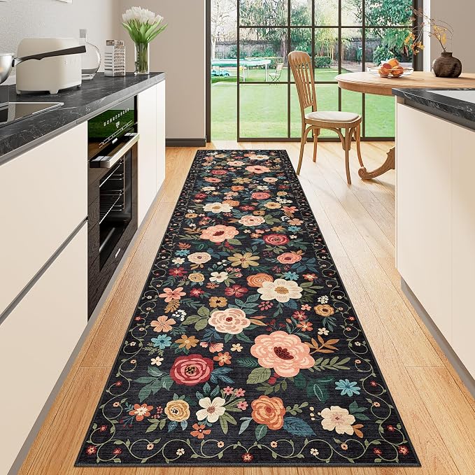 DUKINO Runner Rug for Hallway, 2.6x10 Washable Floral Long Kitchen Rug with Non Slip Backing, Boho Lightweight & Stain Resistant Soft Runners for Indoor Entrance, Laundry, Living Room, Bedroom, Black