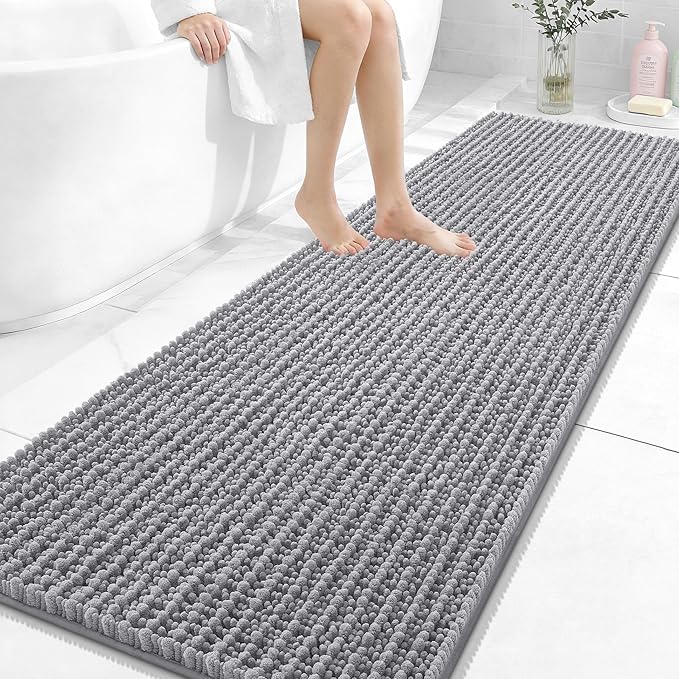 OLANLY Long Bathroom Rugs Runner 70x24, Thick Soft and Absorbent Chenille Bath Mat, Non-Slip, Machine Washable Quick Dry Bath Rugs for Tub Shower Floor, Home Decor Accessories, Grey