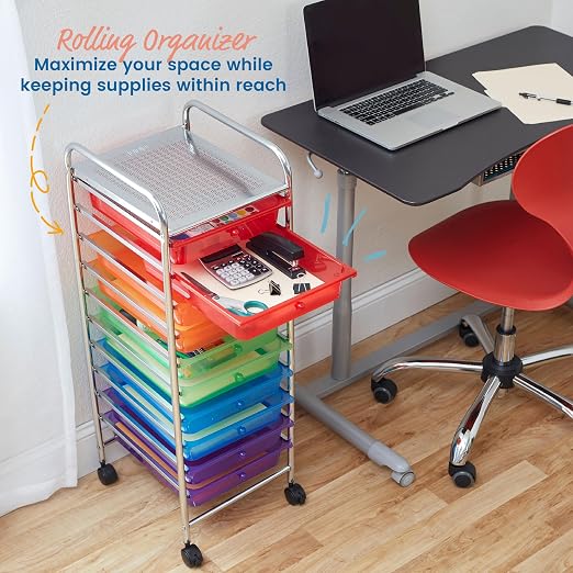 ECR4Kids 10-Drawer Value Mobile Storage Utility Cart, Craft Organizer, Assorted