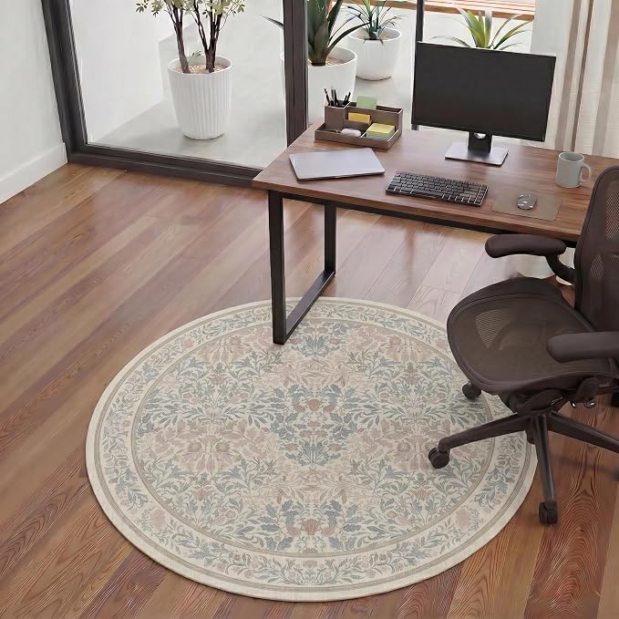 60"x60" Office Chair Mat for Hardwood Tile Floor, Under Desk Carpet Protector for Rolling Computer Chair Mat, Machine Washable Round Area Rug, Anti-Slip 1/5" Thick Low Pile Thin Floor Mat, Beige Pink