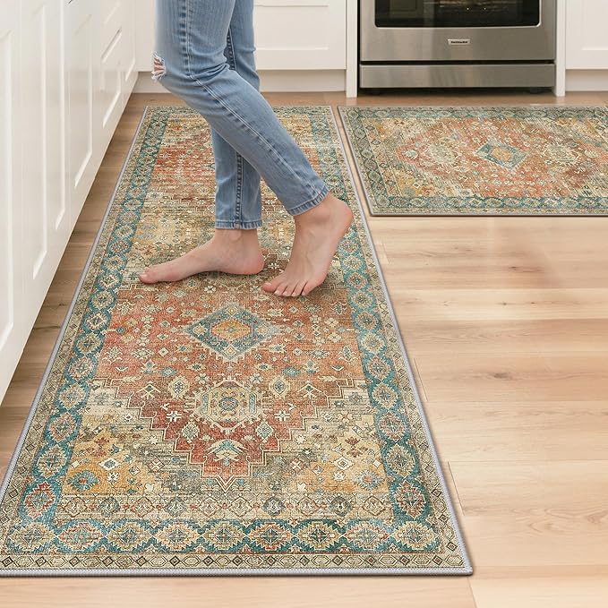 GENIMO Kitchen Rugs Non Slip Washable, 2PCS Kitchen Mats for Floor, Cushioned Standing Mat, Kitchen Runner Rug Floor Mat for Kitchen Decor, Laundry, Sink, Entryway, Home, 20"x32"+20"x59", Retrobrick