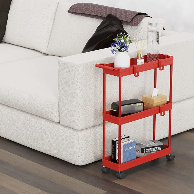 Simple Houseware 3-Tier Slim/Narrow Storage Cart with Handle, 5.5'' Wide x 27.5'' Height Rolling Organizer for Kitchen, Bathroom, Laundry Room - Red
