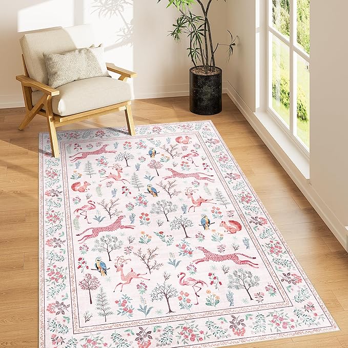 DUKINO 3x5 Rug, Washable Animal Area Rug with Non Slip Vintage Design, Indoor Soft Low Pile Carpet for Bedroom, Nursery, Dining Room, Farmhouse, Playroom, Pink
