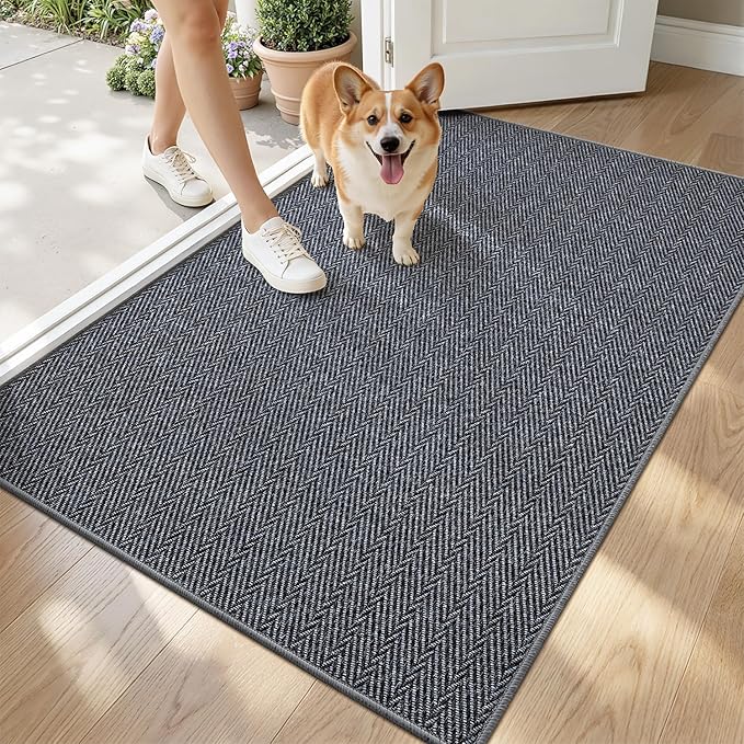 LUMI Ultra Thin Indoor Door Mat for Entrance 32"x48", Non Slip Entryway Mat, Low Profile Doormat, Unique Herringbone Design Carpet for Inside, Patio, Porch, Navy Gray