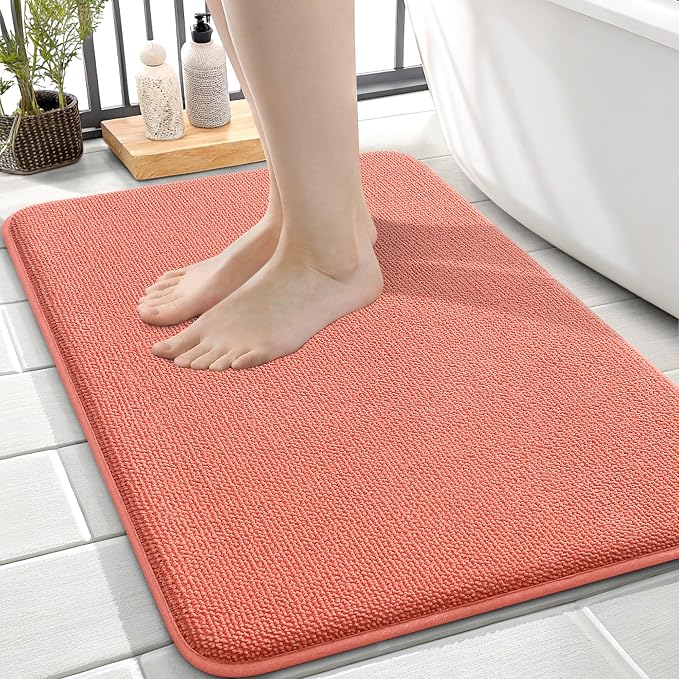 OLANLY Thick Memory Foam Small Bathroom Rugs 24x16, Extra Soft Absorbent Bathroom Mat, Quick Dry Bath Mat, Non-Slip, Machine Washable Carpet for Bathroom, Tub and Shower, Home Decor Accessories, Coral