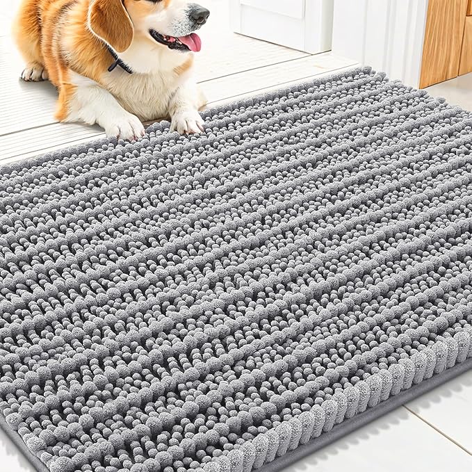 Smiry Dog Door Mat for Muddy Paws 30x20, Absorbent Dirt Trapper, Non-Slip Washable Chenille Entryway Rug for Inside Floor, Grey, Layered Pattern