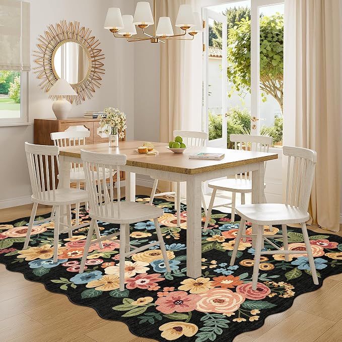 DUKINO 6x9 Area Rug, Floral Washable Rugs for Living Room with Non Slip Backing & Non-Shedding, Lightwight Low Pile Boho Design Large Carpets for Bedroom, Living Room, Dining Room, Black