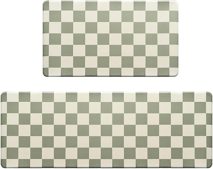 Beige Sage Checkered Grid Checkerboard Kitchen Rug Sets [2 PCs], Anti-Fatigue, Waterproof Non-Slip Kitchen Mats Heavy Duty Comfort Foam Rug for Kitchen, Floor, Laundry,17"x29"+17"x47"