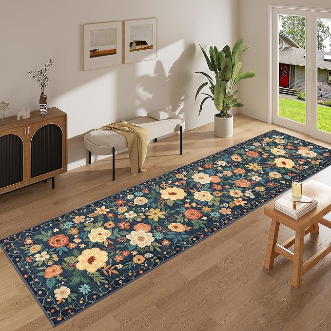 DUKINO Runner Rug for Hallway, 2.6x10 Washable Floral Long Kitchen Rug with Non Slip Backing, Lightweight & Stain Resistant Runners for Indoor Entrance, Laundry, Living Room, Bedroom, Navy Blue