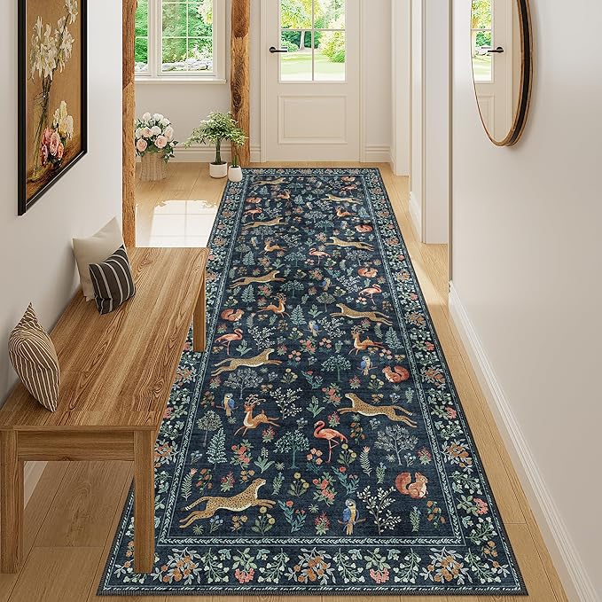 DUKINO 3x8 Washable Runner Rug, Low Pile Animal Print Non Slip Long Runner Rug for Kitchen, Lightweight & Non Shedding Indoor Carpet for Hallway, Kitchen, Entryway, Bathroom, Laundry, Navy Blue