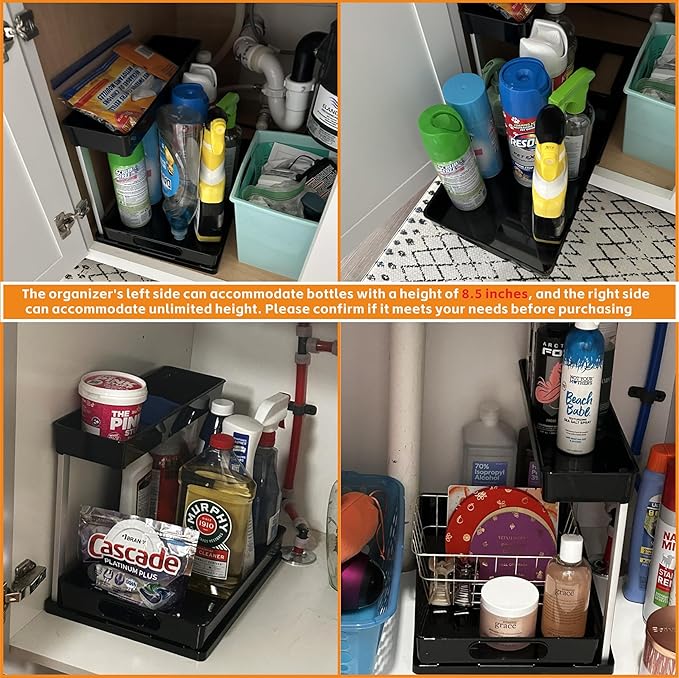 Yieach 2 Pack 10.8″ High Pull Out Under Sink Organizer,14.5″ Deep 2 Tier Slide Out Cabinet Organizer for Kitchen Cabinet,Undersink Organizers,Under Sink Shelves,Bathroom Organizers and Storage,Black