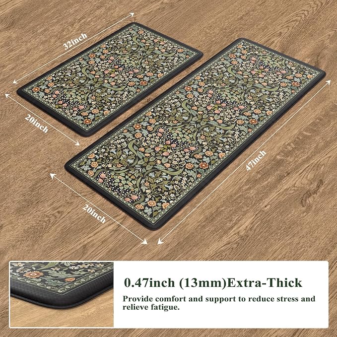 Collive Kitchen Floor Mat Cushioned Anti Fatigue, Boho Floral Desk Mats Non Skid Waterproof Kitchen Sink Rugs Sets of 2, Memory Foam Comfort Standing Carpet for Office, 20" x 47" + 20" x 32", Black