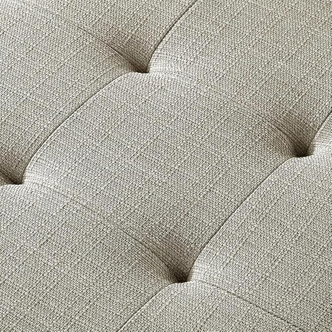 24KF Large Rectangular Upholstered Tufted Linen Fabric Ottoman Bench, Padded Bench with Solid Wood Shelf-Linen