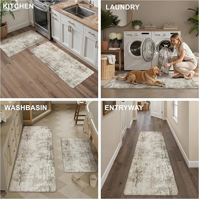 Kitchen Mats for Floor Set of 2 Anti Fatigue Waterproof Kitchen Rug Brown Grey Abstract Cushioned Non-Slip Kitchen Mats Comfort Standing Neutral Mat for Sink Laundry Office 17.3"×47"+17.3"×30"