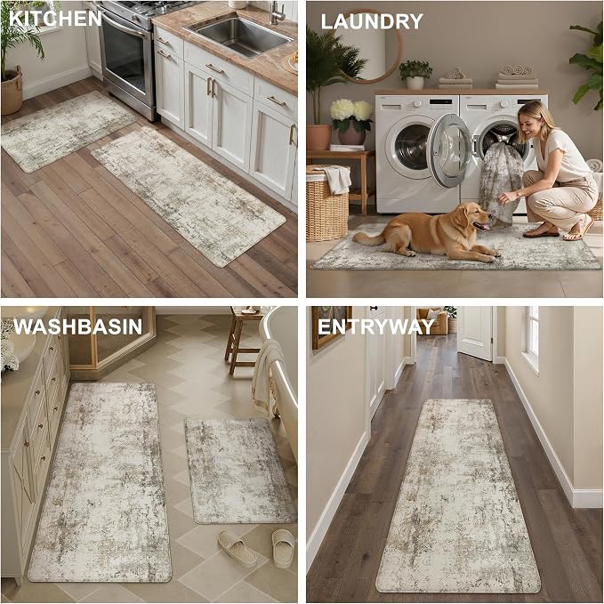 Kitchen Mats for Floor Set of 2 Anti Fatigue Waterproof Kitchen Rug Brown Grey Abstract Cushioned Non-Slip Kitchen Mats Comfort Standing Neutral Mat for Sink Laundry Office 17.3"×59"+17.3"×30"