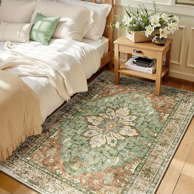 RELEANY Area Rugs 3'x5' Washable Non-Slip, Floral Vintage Distress Medallion Carpet for Living Room Bedroom Dining Room, Terracotta Burnt Orange Green
