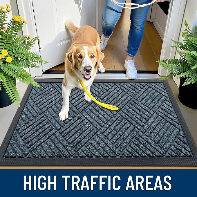 OLANLY Front Door Mat Outside Entrance 33x21, Absorbent, Heavy Duty Sturdy Natural Rubber Doormat Indoor Outdoor, Stain Fade Resistant, Non-Slip Low Profile Floor Mat for Entryway, Lake Blue Diamond