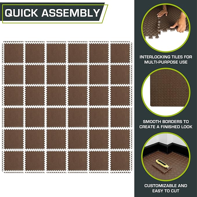 ProsourceFit Exercise Puzzle Mat 1/2-inch, EVA Interlocking Foam Floor Tiles for Home Gym, Workout Equipment, Kids Play Areas, Brown, 144 Sq Ft - 36 Tiles