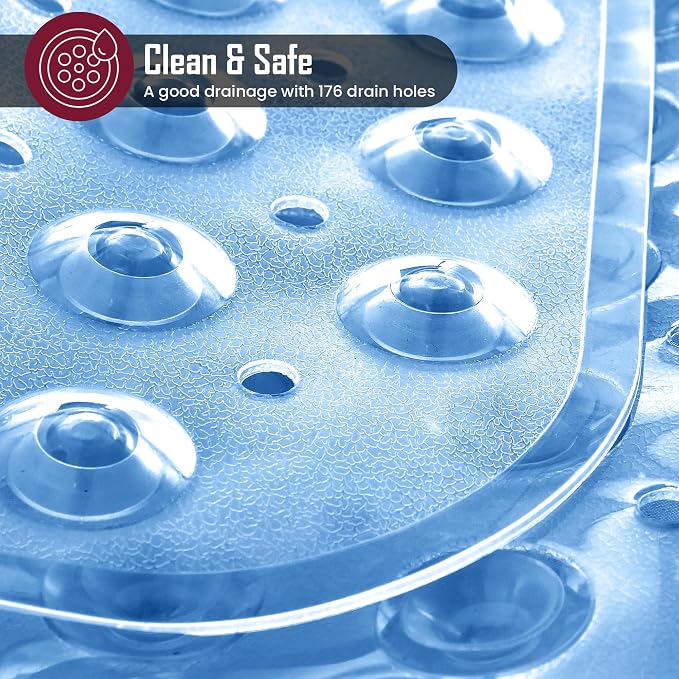 LUX Décor Non-Slip Bathtub Mat, Extra Large 40x16 Inches – Anti-Slip Safety Shower Mat with Suction Cups & Drain Holes – Machine Washable Bath Mat – Clear Blue