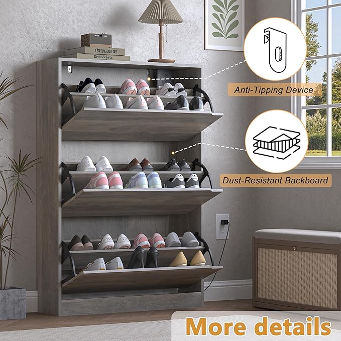 BORNOON Shoe Cabinet with Odor Control and Back Panels, Deodorizing Slim 3-Flip Shoe Storage Cabinet for Entryway, Freestanding Hidden Shoe Rack Organizer for Entrance, Hallway, Bedroom