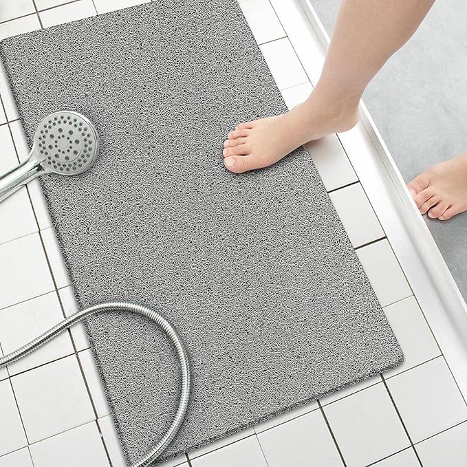 Shower Mat Non Slip Without Suction Cups, 32x17 Inch, PVC Loofah Bath Mat for Textured Tub Surface, Bathroom, Bathroom, Quick Drying (Grey)