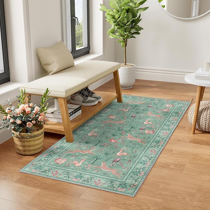 DUKINO 2x4 Rug for Hallway, Washable Kitchen Runner Rug with Non Slip Backing, Soft Low Pile Vintage Animal Runner for Bedroom, Kitchen, Hallway, Entryway, Laundry, Teal