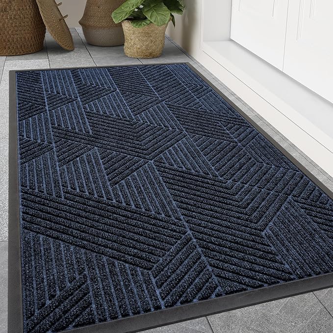 Smiry Front Door Mat Outside Entrance, Heavy Duty Sturdy Natural Rubber Doormat, Trap Dirt and Moisture, Easy Clean Low Profile Welcome Floor Mats for Indoor Outdoor Entry, 59x23 Inch, Navy Blue