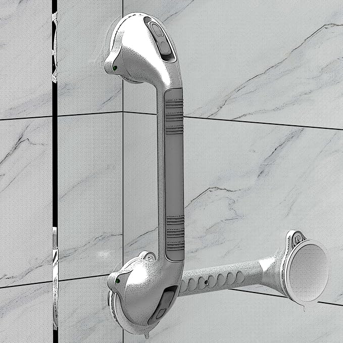 16.5inch Suction Bath Grab Bar with Indicators, Balance Assist Bathroom Shower Handle, Silver/Grey（Pack of 2）