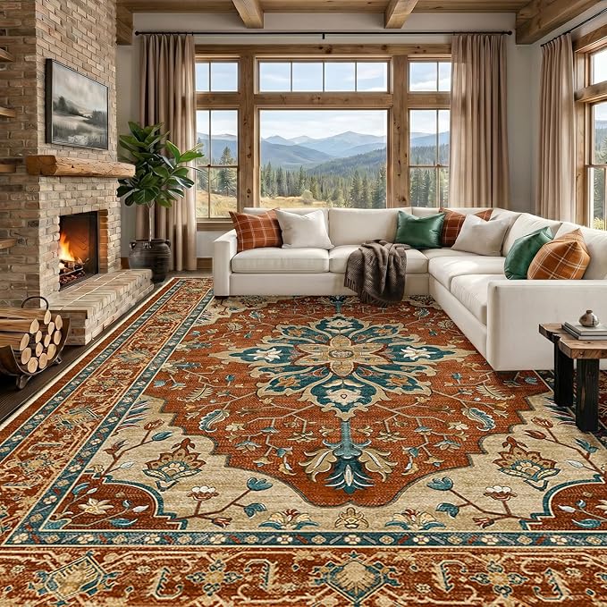 RELEANY Area Rugs Large 9'x12' Washable Non-Slip, Floral Vintage Distress Medallion Carpet for Living Room Bedroom Dining Room, Red Orange Blue Brown
