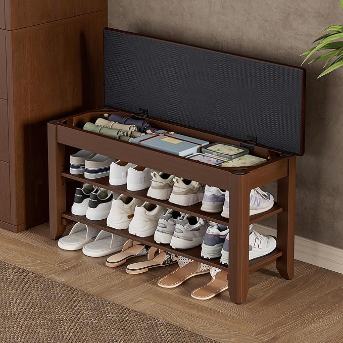 Homleke Shoe Rack Bench with Flip-Top Storage, Solid Wood Entryway Bench with Cushion, Adjustable Shelf, for Hallway, Mudroom, Closet – Walnut, 31.5"
