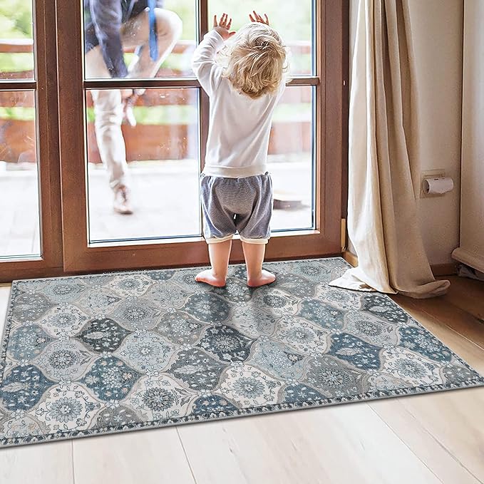 Lahome Moroccan Trellis Front Door Mat Indoor Entrance, 2x3 Rugs for Entryway Non-Slip Washable Indoor Door Mat, Oriental Accent Small Rug for Kitchen Bedroom Bathroom Elise, Blue