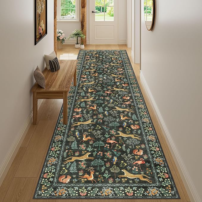 DUKINO 3x12 Runner Rug, Non Slip Animal Print Runner Rug for Hallway, Vintage Low Pile & Stain Resistant Soft Indoor Long Carpet Runner for Kitchen, Bathroom, Laundry, Bedroom, Black