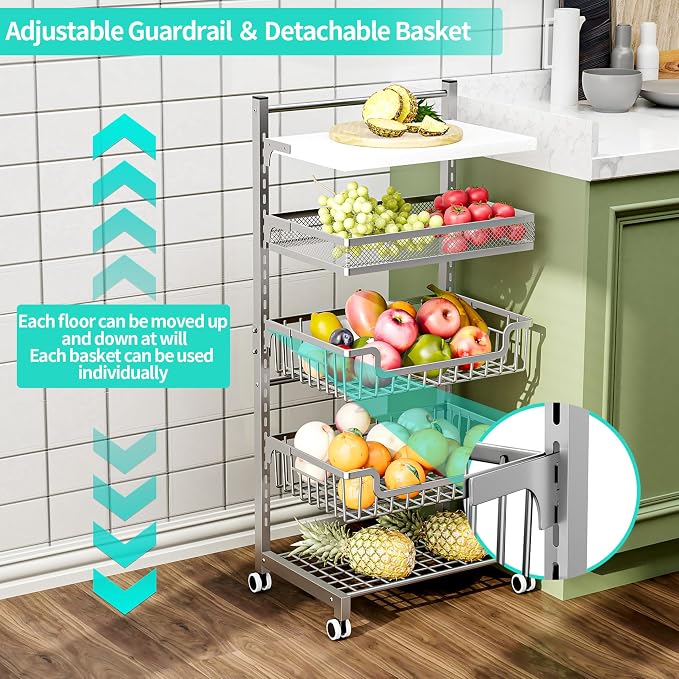 HapiRm Fruit Basket Kitchen Cart - 5 Tier Adjustable Vegetable Storage Rack, Large Capacity Rolling Kitchen Carts on Wheels for Snack Onion and Potato Storage