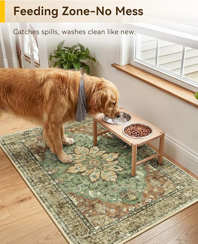 RELEANY Area Rugs Small 2'x3' Washable Non-Slip, Floral Vintage Distress Medallion Carpet for Kitchen Entryway Bathroom, Terracotta Burnt Orange Green