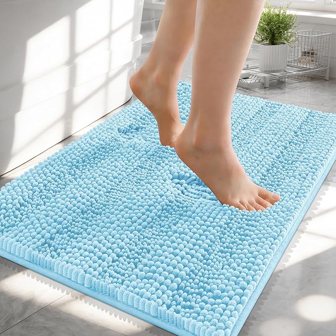 OLANLY Thick Small Bathroom Rugs 24x16, Extra Absorbent Chenille Striped Bath Rugs, Rubber Backing, Machine Wash, Bath Mats for Bathroom Floor, Tub and Shower, Home Decor Accessories, Sky Blue