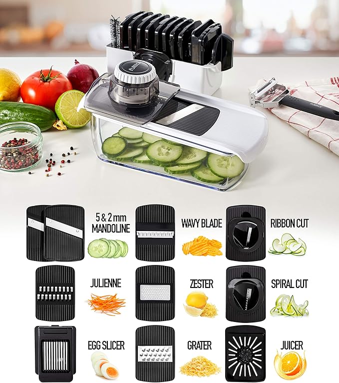 Fullstar Mandoline Slicer for Kitchen, Fruit Cutter, Cheese Grater, Cucumber Slicer, Veggie Spiralizer, Food Cutter & Kitchen Gadgets & Gifts with Safety Glove (11 in 1, White)