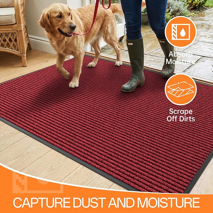 Indoor Outdoor Door Mat, 5' x 4' Doormat for Entryway, Rubber Backing Non Slip Front Door Mat Outside Entrance, Super Absorbent Commercial Floor Mat for Home Office, Red