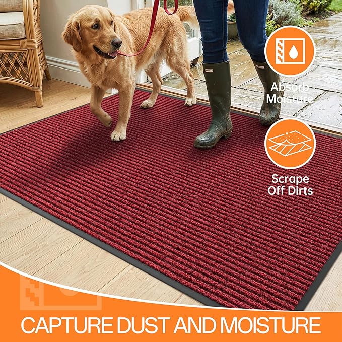 Indoor Outdoor Door Mat, 6' x 4' Doormat for Entryway, Rubber Backing Non Slip Front Door Mat Outside Entrance, Super Absorbent Commercial Floor Mat for Home Office, Red