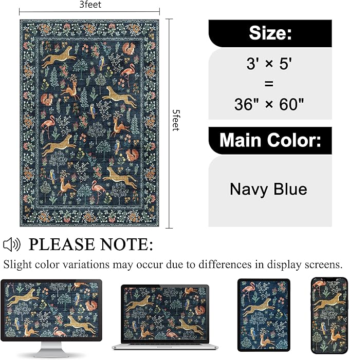 DUKINO 3x5 Rug, Washable Animal Area Rug with Non Slip Vintage Design, Indoor Soft Low Pile Carpet for Bedroom, Nursery, Dining Room, Farmhouse, Playroom, Navy Blue