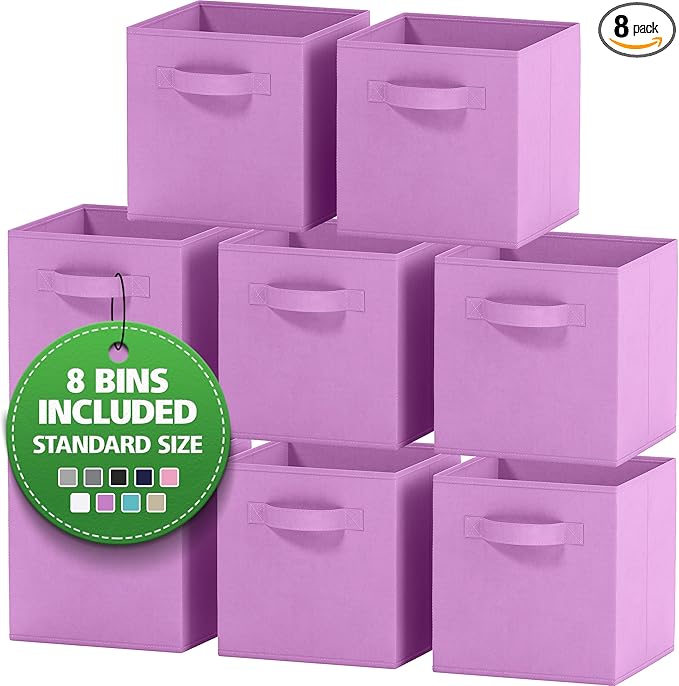 Storage Cubes Pack Of 8 - Standard Size Cube Storage Bin 10.5x10.5x11 With Dual Handles For Easy Carrying- Fabric Storage Bins Collapsible (Purple)