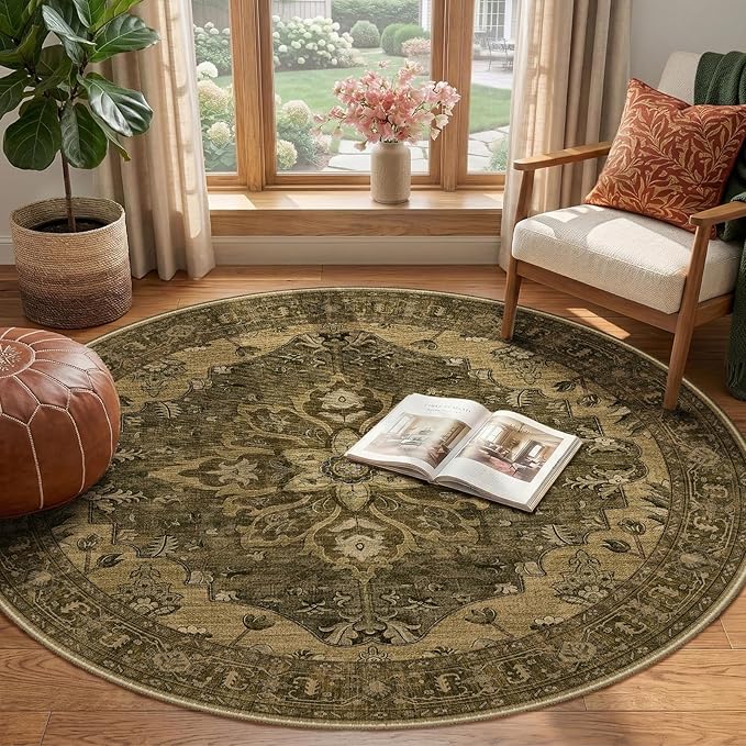 RELEANY Area Rugs Round 4ft Washable Non-Slip, Floral Vintage Distress Medallion Carpet for Living Room Bedroom Dining Room, Brown Dark Brown