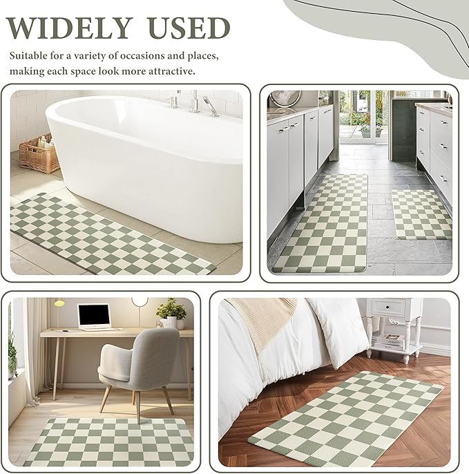 Beige Sage Checkered Grid Checkerboard Kitchen Rug Sets [1 PC], Anti-Fatigue, Waterproof Non-Slip Kitchen Mats Heavy Duty Comfort Foam Rug for Kitchen, Floor, Laundry,17"x29"
