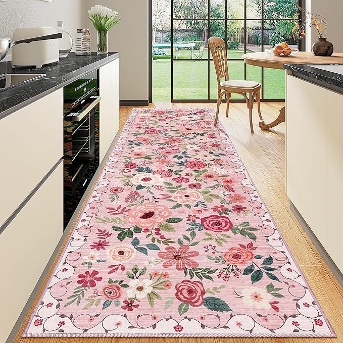 DUKINO 3x10 Runner Rug for Hallway, Washable Kitchen Floral Runner Rug with Non Slip Backing, Low Pile Soft Boho Carpet for Kitchen, Hallway, Entryway, Laundry, Bedroom, Pink