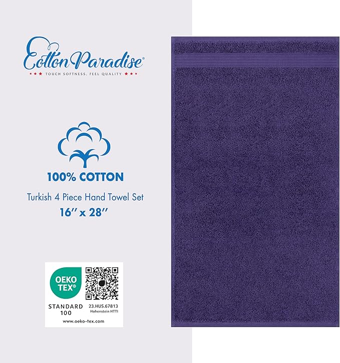 Cotton Paradise 100% Cotton Turkish Towel Set, Soft Absorbent Quick Dry, 4 Piece Hand Towel Set, Violet Purple