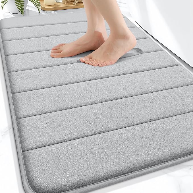 OLANLY Memory Foam Bath Mat 32x20, Super Soft Absorbent Bathroom Rugs, Quick Dry, Machine Washable Shower Floor Rugs, Bathmat Carpet, Bathroom Home Decor Accessories, Light Gray