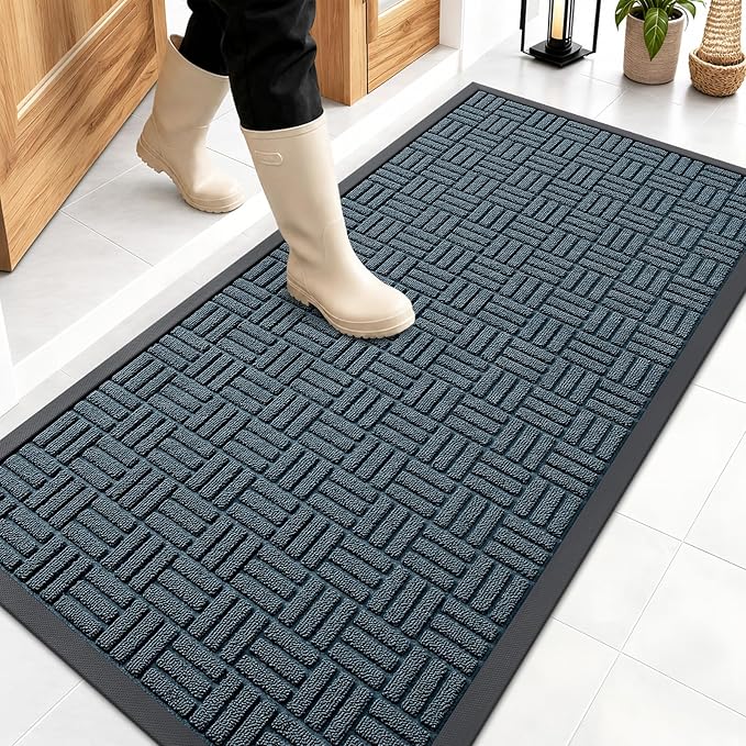 OLANLY Front Door Mat Outside Entrance 47x23, Absorbent, Heavy Duty Sturdy Natural Rubber Doormat Indoor Outdoor, Non-Slip, Stain and Fade Resistant, Low Profile Floor Mat for Entryway, Lake Blue